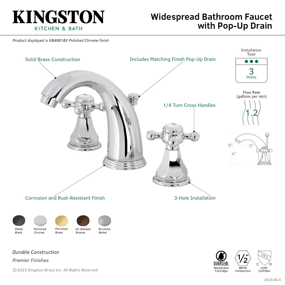 Metropolitan KB4981BX Two-Handle 3-Hole Deck Mount Widespread Bathroom Faucet with Plastic Pop-Up, Polished Chrome