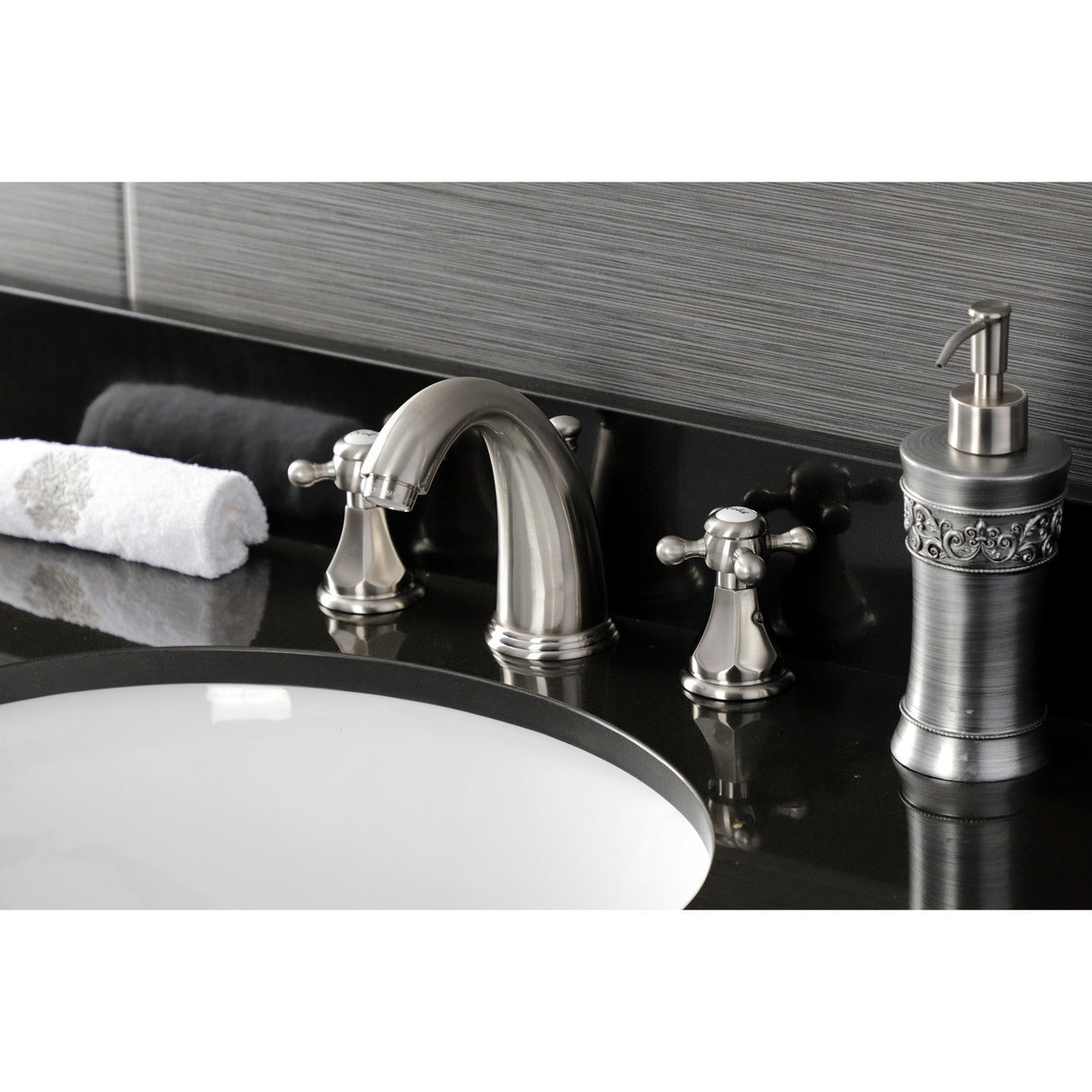 Metropolitan KB4988BX Two-Handle 3-Hole Deck Mount Widespread Bathroom Faucet with Plastic Pop-Up, Brushed Nickel