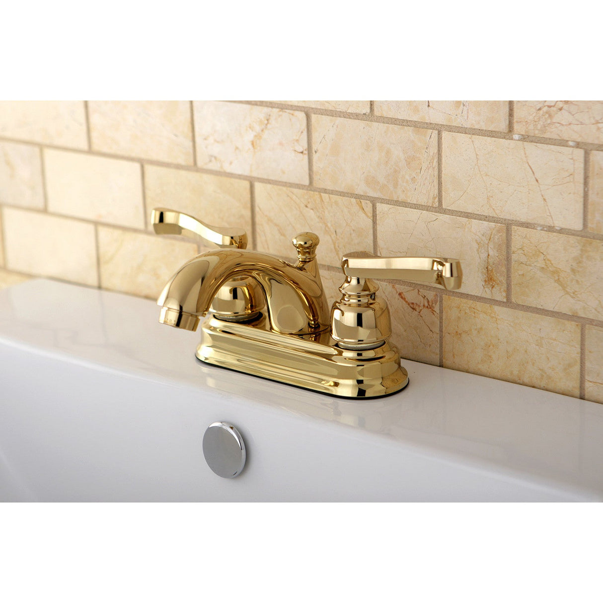 Royale KB5602FL Two-Handle 3-Hole Deck Mount 4" Centerset Bathroom Faucet with Plastic Pop-Up, Polished Brass