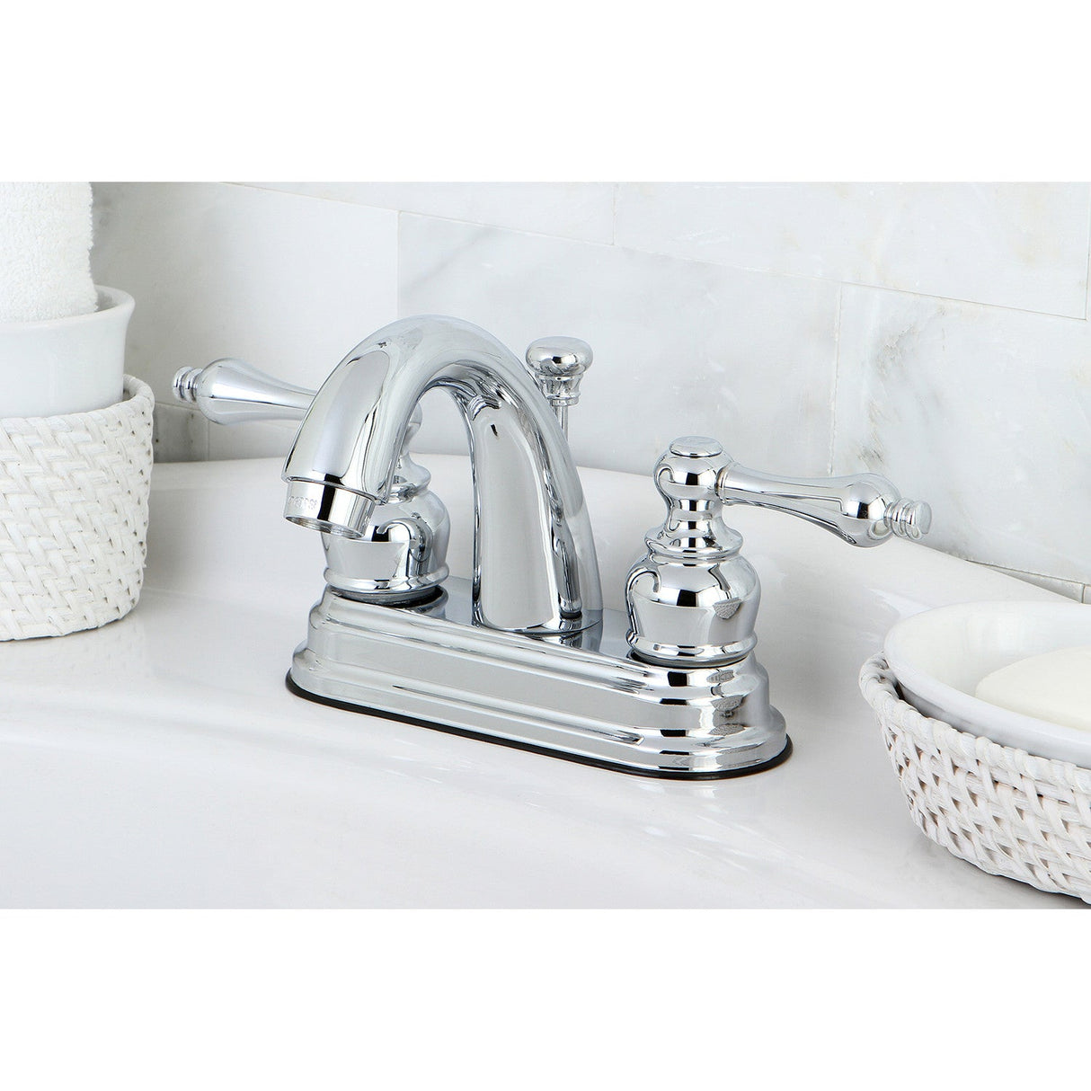 Restoration KB5611AL Two-Handle 3-Hole Deck Mount 4" Centerset Bathroom Faucet with Plastic Pop-Up, Polished Chrome