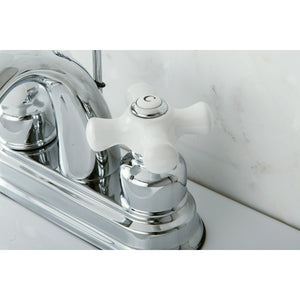 Restoration KB5611PX Two-Handle 3-Hole Deck Mount 4" Centerset Bathroom Faucet with Plastic Pop-Up, Polished Chrome