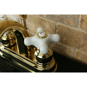 Restoration KB5612PX Two-Handle 3-Hole Deck Mount 4" Centerset Bathroom Faucet with Plastic Pop-Up, Polished Brass