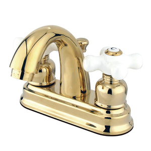 Restoration KB5612PX Two-Handle 3-Hole Deck Mount 4" Centerset Bathroom Faucet with Plastic Pop-Up, Polished Brass