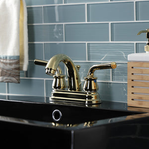 Restoration KB5612RXL Two-Handle 3-Hole Deck Mount 4" Centerset Bathroom Faucet with Plastic Pop-Up, Polished Brass