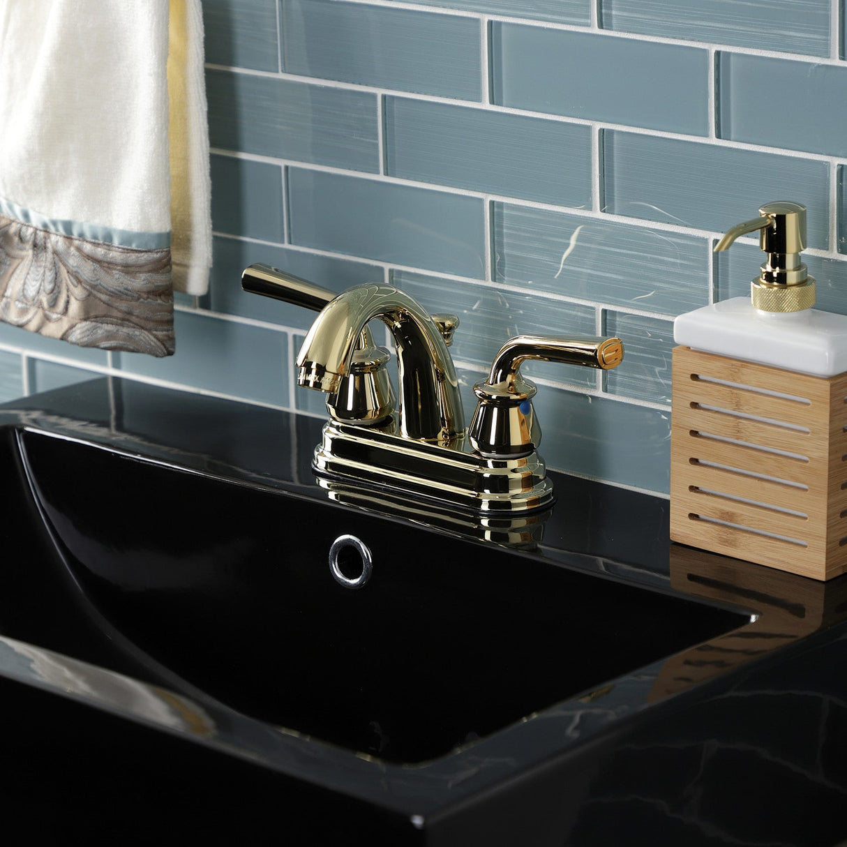 Restoration KB5612RXL Two-Handle 3-Hole Deck Mount 4" Centerset Bathroom Faucet with Plastic Pop-Up, Polished Brass