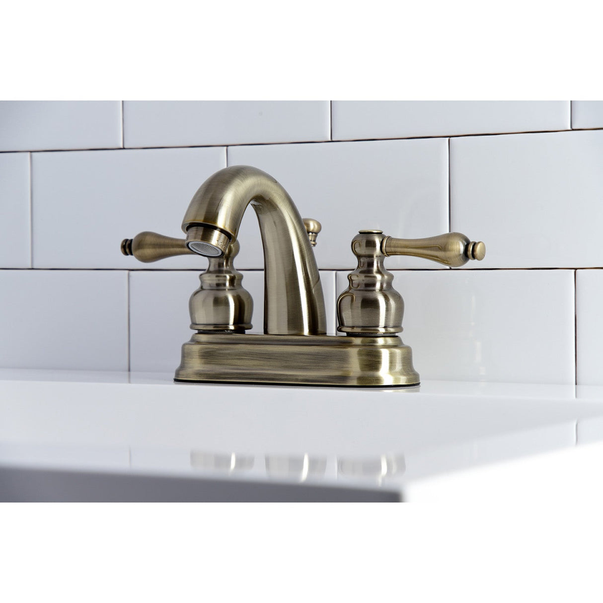 Restoration KB5613AL Two-Handle 3-Hole Deck Mount 4" Centerset Bathroom Faucet with Plastic Pop-Up, Antique Brass