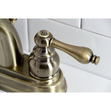Restoration KB5613AL Two-Handle 3-Hole Deck Mount 4" Centerset Bathroom Faucet with Plastic Pop-Up, Antique Brass