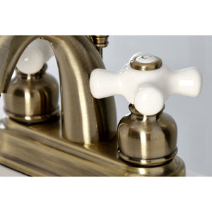 Restoration KB5613PX Two-Handle 3-Hole Deck Mount 4" Centerset Bathroom Faucet with Plastic Pop-Up, Antique Brass
