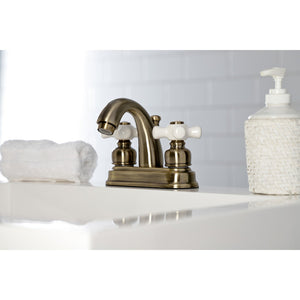 Restoration KB5613PX Two-Handle 3-Hole Deck Mount 4" Centerset Bathroom Faucet with Plastic Pop-Up, Antique Brass