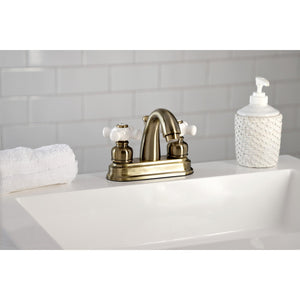 Restoration KB5613PX Two-Handle 3-Hole Deck Mount 4" Centerset Bathroom Faucet with Plastic Pop-Up, Antique Brass