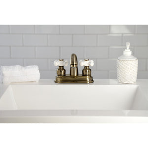 Restoration KB5613PX Two-Handle 3-Hole Deck Mount 4" Centerset Bathroom Faucet with Plastic Pop-Up, Antique Brass