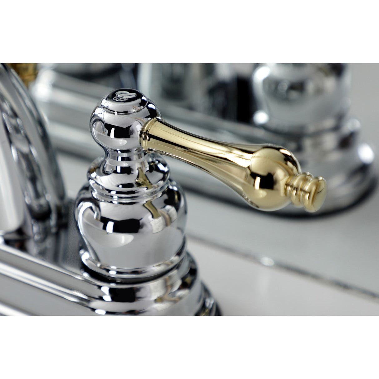 Restoration KB5614AL Two-Handle 3-Hole Deck Mount 4" Centerset Bathroom Faucet with Plastic Pop-Up, Polished Chrome/Polished Brass