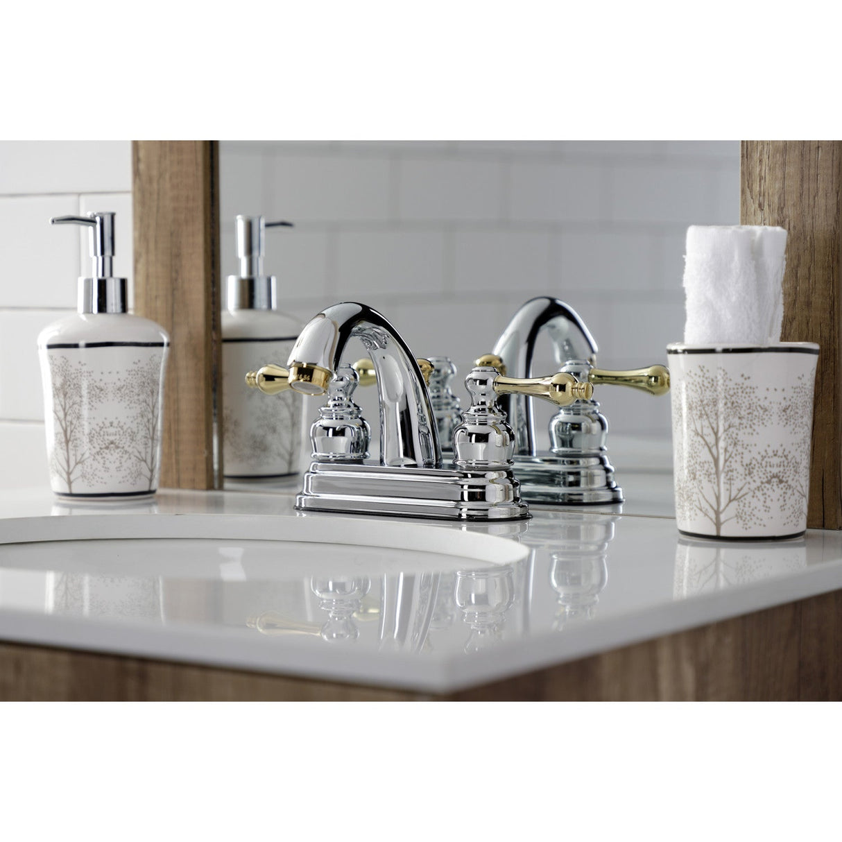 Restoration KB5614AL Two-Handle 3-Hole Deck Mount 4" Centerset Bathroom Faucet with Plastic Pop-Up, Polished Chrome/Polished Brass