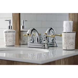 Restoration KB5614AL Two-Handle 3-Hole Deck Mount 4" Centerset Bathroom Faucet with Plastic Pop-Up, Polished Chrome/Polished Brass