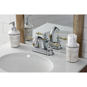 Restoration KB5614AL Two-Handle 3-Hole Deck Mount 4" Centerset Bathroom Faucet with Plastic Pop-Up, Polished Chrome/Polished Brass