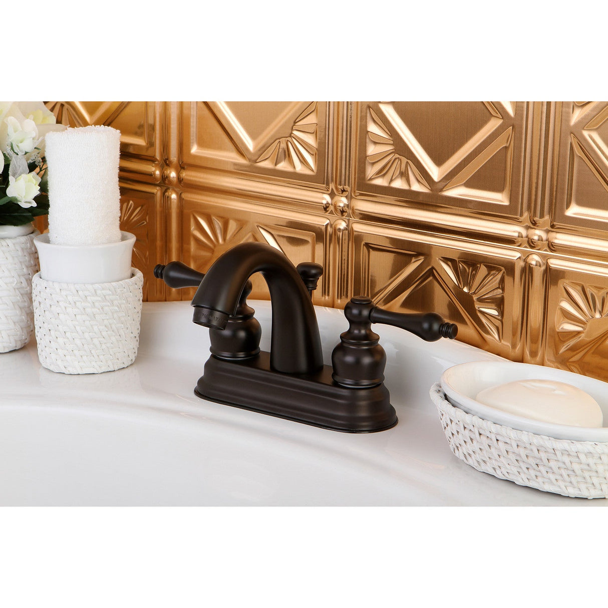 Restoration KB5615AL Two-Handle 3-Hole Deck Mount 4" Centerset Bathroom Faucet with Plastic Pop-Up, Oil Rubbed Bronze