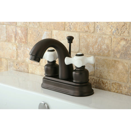 Restoration KB5615PX Two-Handle 3-Hole Deck Mount 4" Centerset Bathroom Faucet with Plastic Pop-Up, Oil Rubbed Bronze