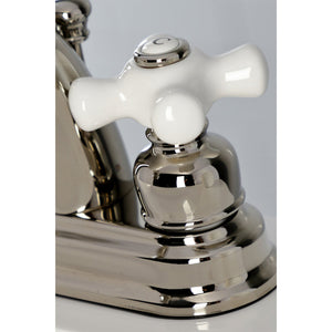 Restoration KB5616PX Two-Handle 3-Hole Deck Mount 4" Centerset Bathroom Faucet with Plastic Pop-Up, Polished Nickel