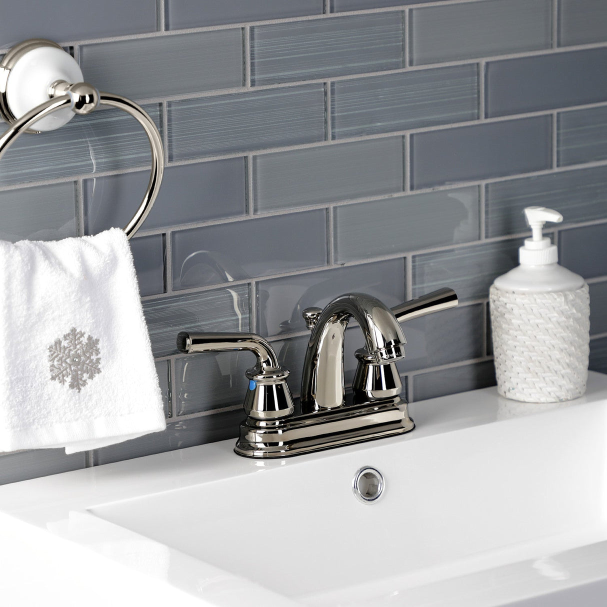 Restoration KB5616RXL Two-Handle 3-Hole Deck Mount 4" Centerset Bathroom Faucet with Plastic Pop-Up, Polished Nickel