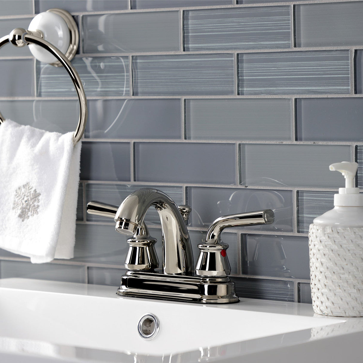 Restoration KB5616RXL Two-Handle 3-Hole Deck Mount 4" Centerset Bathroom Faucet with Plastic Pop-Up, Polished Nickel