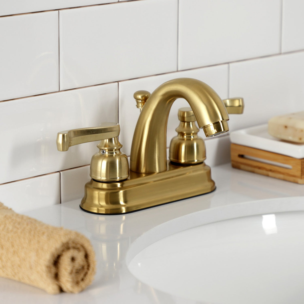 Royale KB5617FL Two-Handle 3-Hole Deck Mount 4" Centerset Bathroom Faucet with Plastic Pop-Up, Brushed Brass