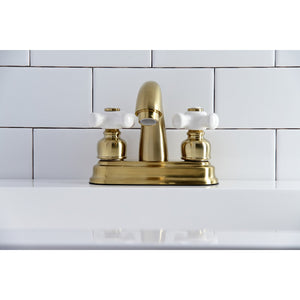Restoration KB5617PX Two-Handle 3-Hole Deck Mount 4" Centerset Bathroom Faucet with Plastic Pop-Up, Brushed Brass