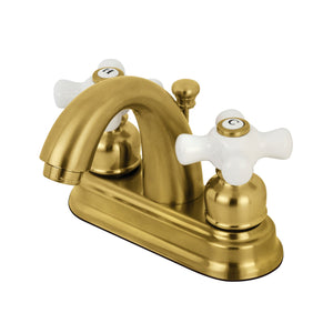 Restoration KB5617PX Two-Handle 3-Hole Deck Mount 4" Centerset Bathroom Faucet with Plastic Pop-Up, Brushed Brass