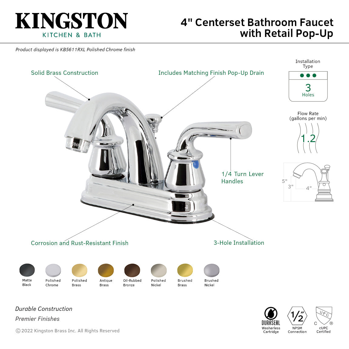 Restoration KB5617RXL Two-Handle 3-Hole Deck Mount 4" Centerset Bathroom Faucet with Plastic Pop-Up, Brushed Brass