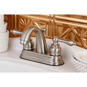 Restoration KB5618AL Two-Handle 3-Hole Deck Mount 4" Centerset Bathroom Faucet with Plastic Pop-Up, Brushed Nickel