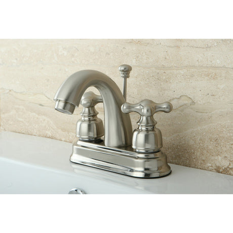 Restoration KB5618AX Two-Handle 3-Hole Deck Mount 4" Centerset Bathroom Faucet with Plastic Pop-Up, Brushed Nickel