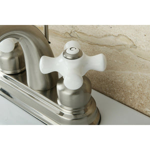 Restoration KB5618PX Two-Handle 3-Hole Deck Mount 4" Centerset Bathroom Faucet with Plastic Pop-Up, Brushed Nickel