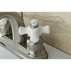 Restoration KB5618PX Two-Handle 3-Hole Deck Mount 4" Centerset Bathroom Faucet with Plastic Pop-Up, Brushed Nickel