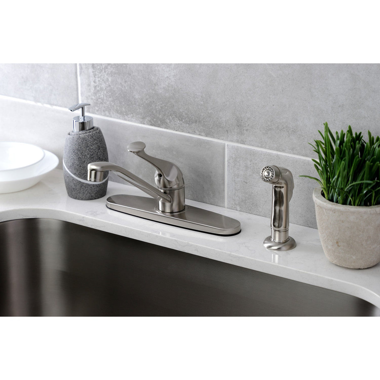 KB572SNSP Single-Handle 2-or-4 Hole Deck Mount 8" Centerset Kitchen Faucet with Side Sprayer, Brushed Nickel