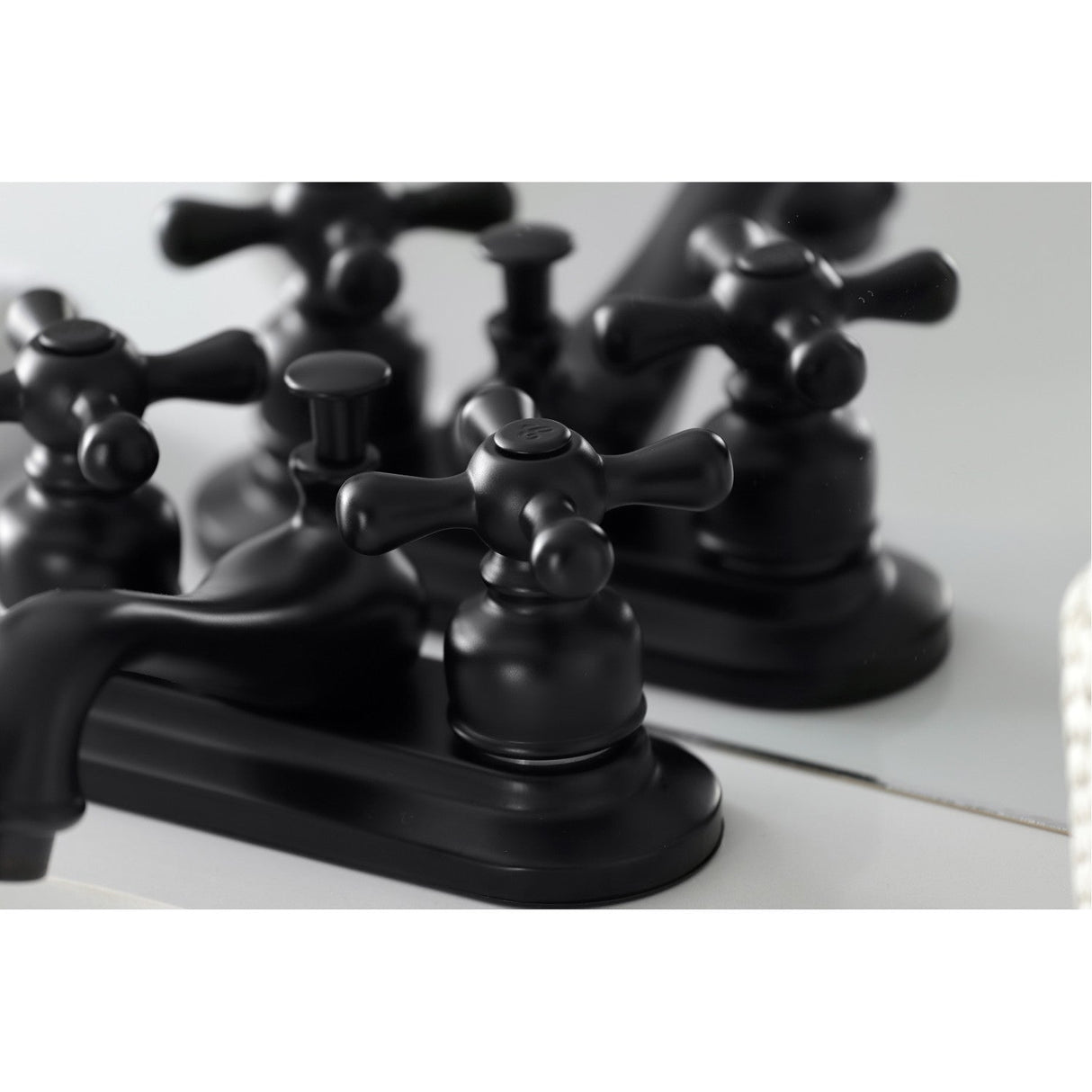 Restoration KB600AX Two-Handle 3-Hole Deck Mount 4" Centerset Bathroom Faucet with Plastic Pop-Up, Matte Black