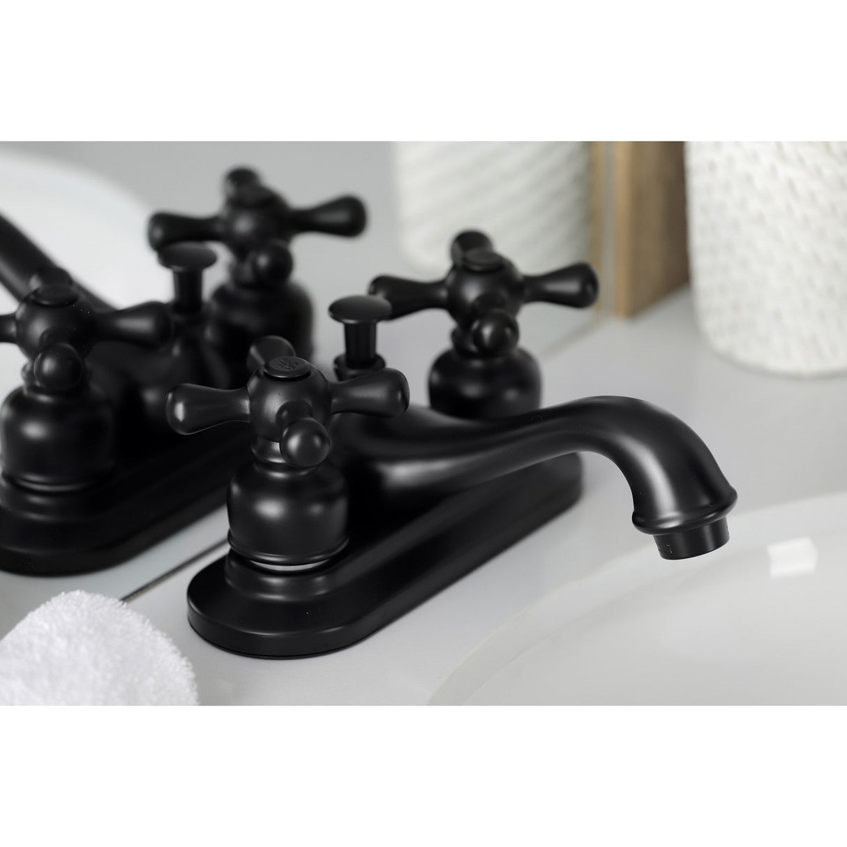Restoration KB600AX Two-Handle 3-Hole Deck Mount 4" Centerset Bathroom Faucet with Plastic Pop-Up, Matte Black