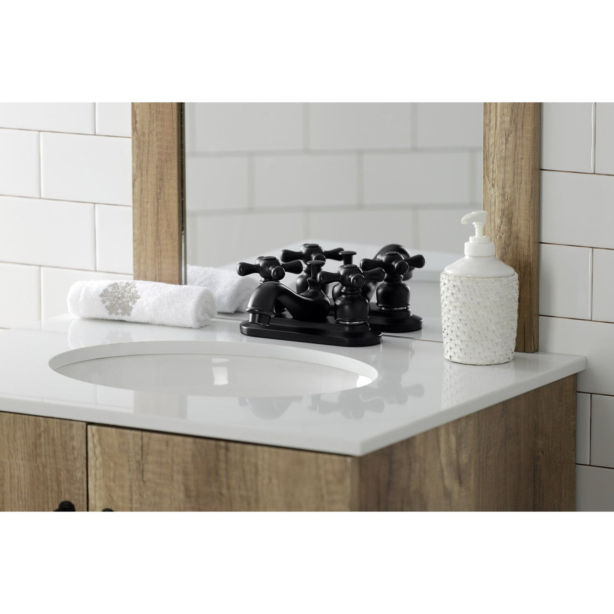 Restoration KB600AX Two-Handle 3-Hole Deck Mount 4" Centerset Bathroom Faucet with Plastic Pop-Up, Matte Black