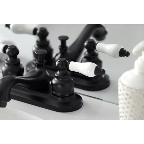 Restoration KB600PL Two-Handle 3-Hole Deck Mount 4" Centerset Bathroom Faucet with Plastic Pop-Up, Matte Black