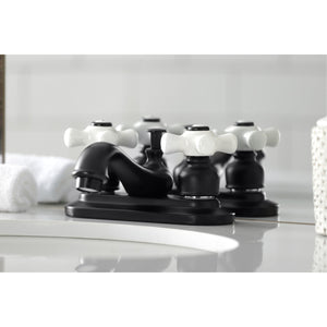 Restoration KB600PX Two-Handle 3-Hole Deck Mount 4" Centerset Bathroom Faucet with Plastic Pop-Up, Matte Black