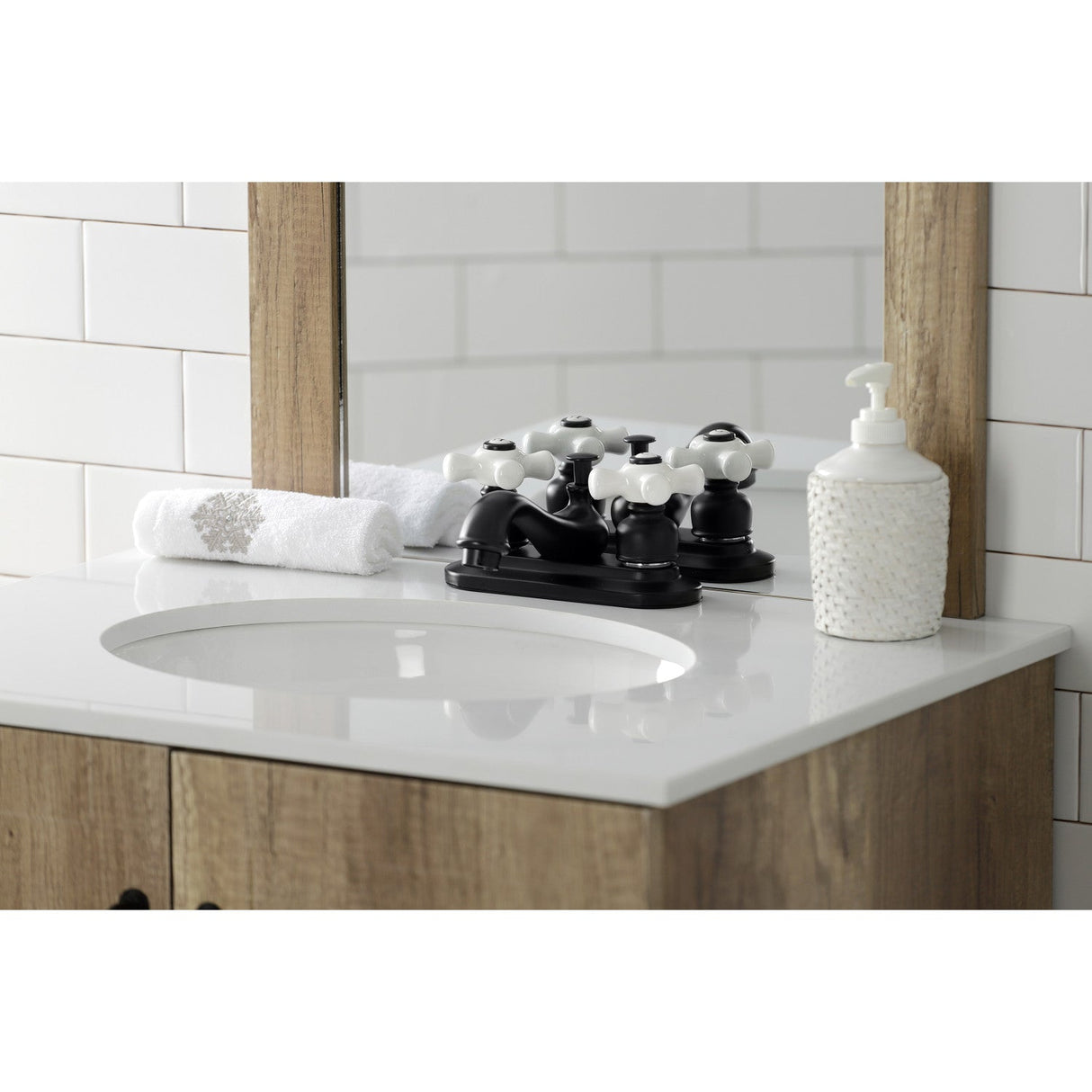 Restoration KB600PX Two-Handle 3-Hole Deck Mount 4" Centerset Bathroom Faucet with Plastic Pop-Up, Matte Black