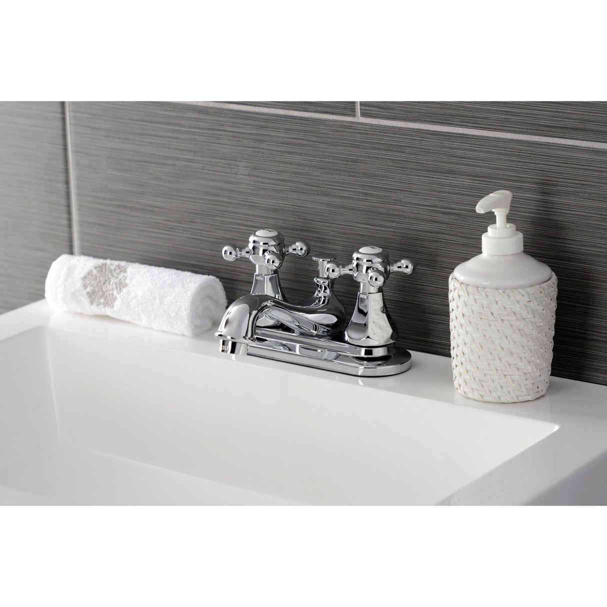 Metropolitan KB601BX Two-Handle 3-Hole Deck Mount 4" Centerset Bathroom Faucet with Plastic Pop-Up, Polished Chrome
