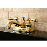 Restoration KB602AL Two-Handle 3-Hole Deck Mount 4" Centerset Bathroom Faucet with Plastic Pop-Up, Polished Brass