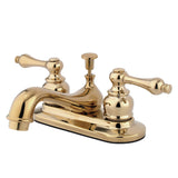 Restoration KB602AL Two-Handle 3-Hole Deck Mount 4" Centerset Bathroom Faucet with Plastic Pop-Up, Polished Brass