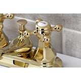 Metropolitan KB602BX Two-Handle 3-Hole Deck Mount 4" Centerset Bathroom Faucet with Plastic Pop-Up, Polished Brass