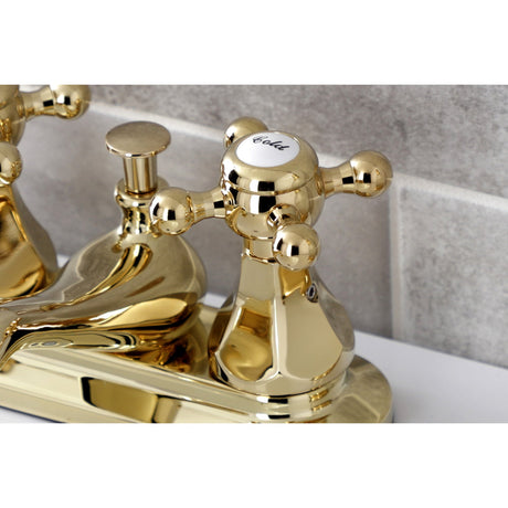 Metropolitan KB602BX Two-Handle 3-Hole Deck Mount 4" Centerset Bathroom Faucet with Plastic Pop-Up, Polished Brass