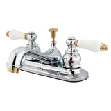 Restoration KB604B Two-Handle 3-Hole Deck Mount 4" Centerset Bathroom Faucet with Plastic Pop-Up, Polished Chrome/Polished Brass