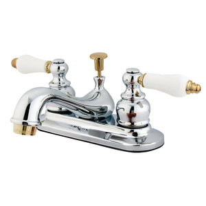 Restoration KB604B Two-Handle 3-Hole Deck Mount 4" Centerset Bathroom Faucet with Plastic Pop-Up, Polished Chrome/Polished Brass