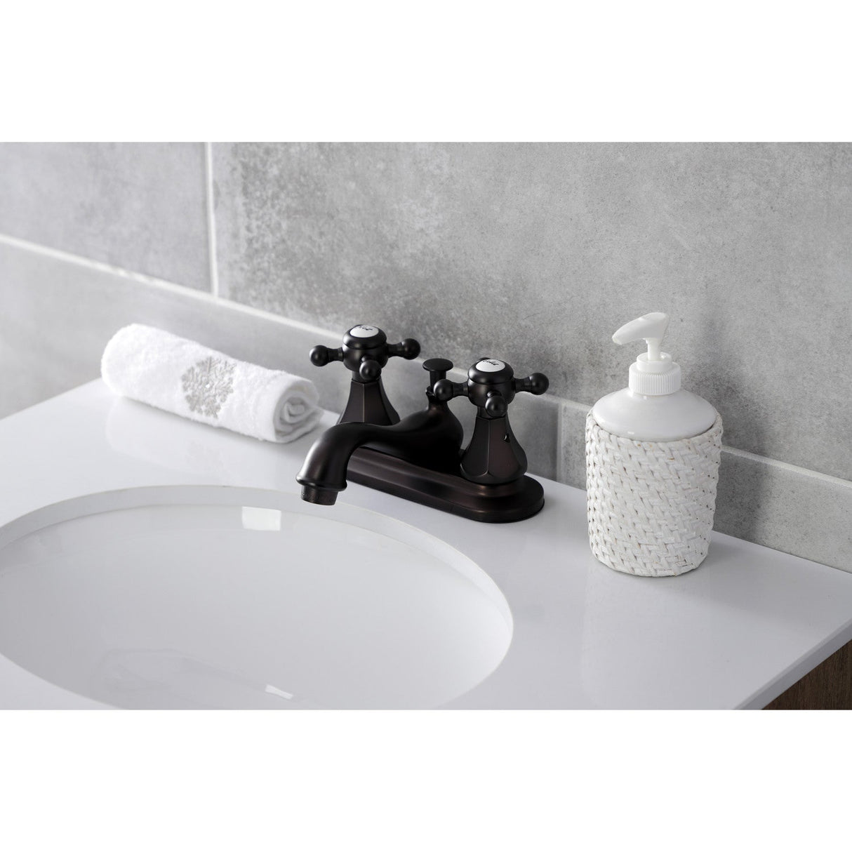 Metropolitan KB605BX Two-Handle 3-Hole Deck Mount 4" Centerset Bathroom Faucet with Plastic Pop-Up, Oil Rubbed Bronze