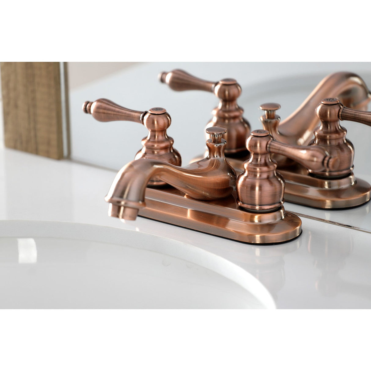 Restoration KB606AL Two-Handle 3-Hole Deck Mount 4" Centerset Bathroom Faucet with Plastic Pop-Up, Antique Copper