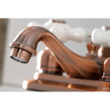 Restoration KB606PX Two-Handle 3-Hole Deck Mount 4" Centerset Bathroom Faucet with Plastic Pop-Up, Antique Copper