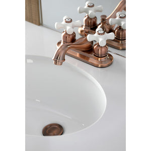 Restoration KB606PX Two-Handle 3-Hole Deck Mount 4" Centerset Bathroom Faucet with Plastic Pop-Up, Antique Copper